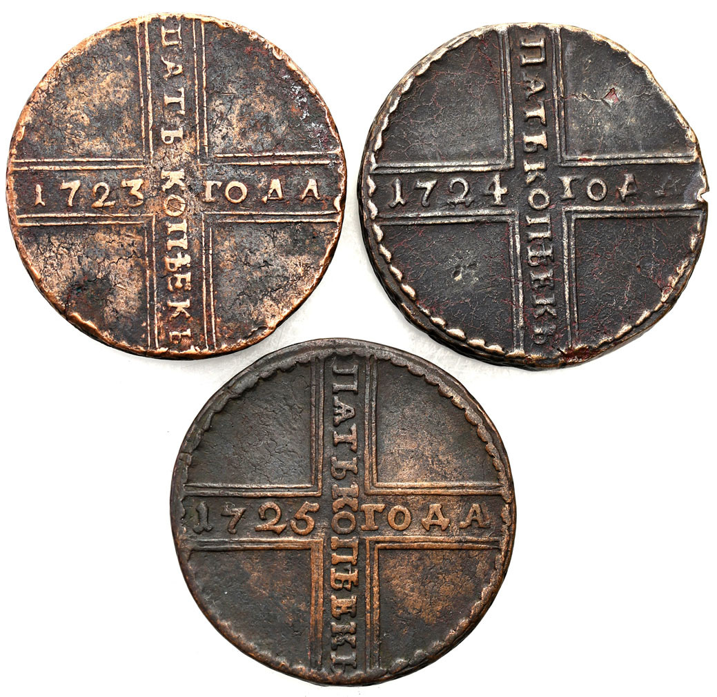 Rosja. Piotr I. 5 kopiejek 1723, 1724, 1725 - zestaw 3 monet